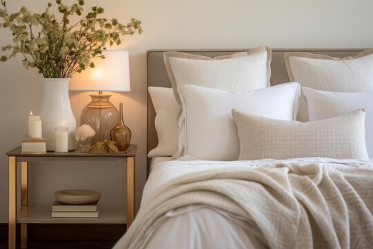 A bedroom retreat adorned in muted tones of cream and gold. Opulent furnishings, plush bedding, and soft ambient lighting, creating a haven of quiet sophistication.