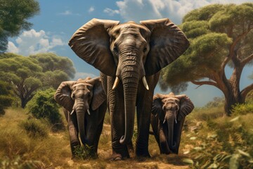 Elephant's in the savannah - obrazy, fototapety, plakaty