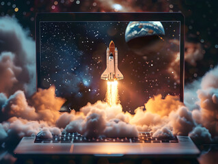 A digital representation of a space shuttle launching, creatively displayed on a laptop screen, representing the intersection of technology and space ambition