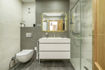 bathroom with white porcelain toilets with drawers and shower cabin with tempered glass screens, white drawer cabinet under the mirror and oak wood door