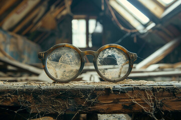 Fototapeta na wymiar dusty pair of round glasses covered with cobwebs, suggesting a sense of abandonment and age