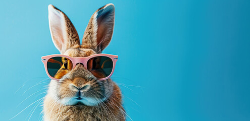 Cool DJ rabbit in sunglasses in colorful neon light, funny Easter design - 754410418
