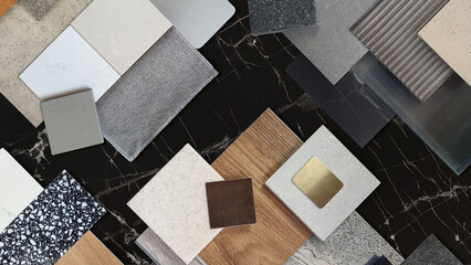 interior material samples contains panels and tiles. interior moodboard including terrazzo, quartz, stone tiles, blue laminated, wooden flooring tiles, gold stainless placed on black marble table.