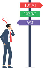 Choice way, Decision business metaphor, Businessman and a signpost arrows showing three different options, past, present and future course, Choose journey direction

