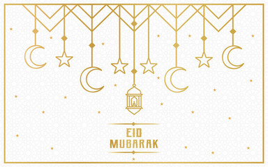 Realistic Eid Mubarak Background with Golden Lantern, Moon, and Stars Vector Illustration. Eid Greeting Banner or Poster Vector Template Design. Arabic Islamic calligraphy ornamental design
