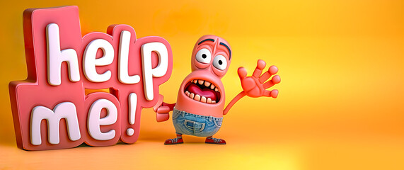 Cartoon character seeking assistance with help me! text
