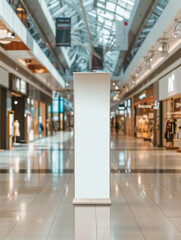Shopping mall roll-up banner stand mockup with empty space, ideal for wide advertisement designs 
