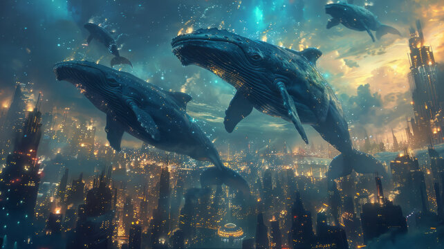 whales flying against the night sky, with futuristic cities of the future,generative ai