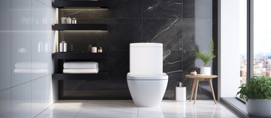 A white toilet is placed in a modern bathroom with marble tile walls, a black marble floor, and a window letting in natural light. The ceramic bowl sits on a shelf next to the bright window.