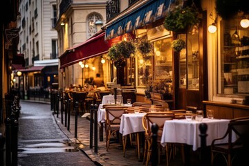 Under the historical buildings of Paris there is an alley of street cafes with aristocratic food. Chefs in white hats create masterpieces, ranging from exquisite croissants to gourmet desserts. - obrazy, fototapety, plakaty