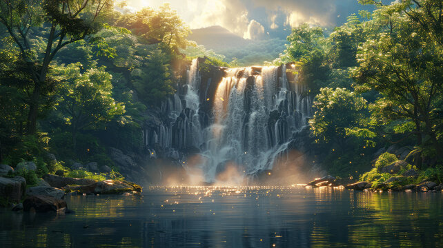 Waterfalls in a serene forest, mystical, fantasy, fairy tale, magical ,generative ai