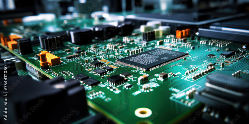 Poster techno circuit board: a macro closeup of integrated digital electronics and semiconductor components