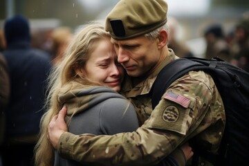 The raw emotions of soldiers and their families during a homecoming. Emphasize the intensity of the moment, conveying the relief and happiness of being together again.