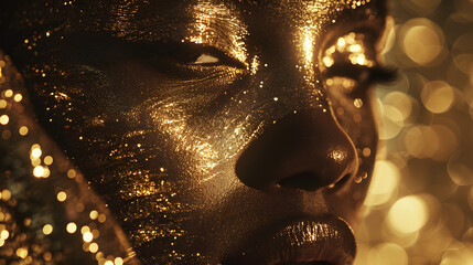 Close up of a girl face, golden makeup on her face 