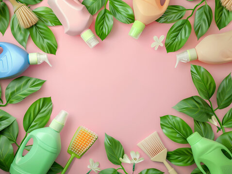 Spring Cleaning concept background with an image of colorful detergent bottles and brushes surrounded bz green spring season leaves 