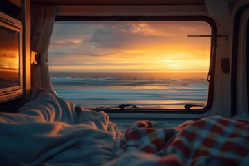 Sea view from the window of a caravan. Motorhome life. Recreational vehicle.  - obrazy, fototapety, plakaty