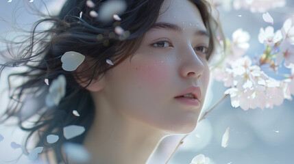 Ethereal young beautiful woman portrait among sakura flower petals