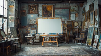An old-world art studio cluttered with classic paintings and artistic supplies, featuring a blank canvas on an easel, ready for the next masterpiece.