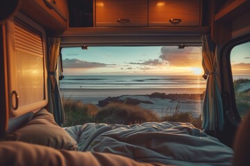 Sea view from the window of a caravan. Motorhome life. Recreational vehicle. 