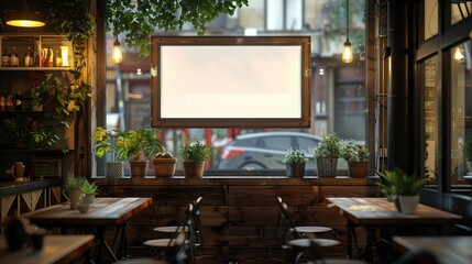 The inviting warmth of a charming restaurant setting, with ambient lighting and a wooden framed empty board, ready for the day's menu or a special announcement.