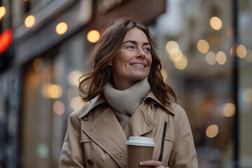 Mujer de mediana edad sosteniendo un café en su mano, paseando por una calle de la ciudad en invierno, vistiendo gabardina y bufanda, sobre fondo desenfocado bokeh - obrazy, fototapety, plakaty