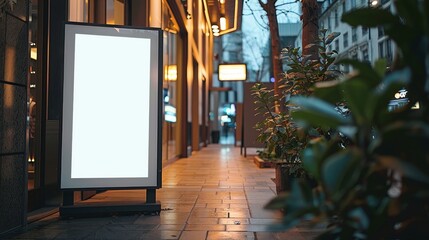 A blank billboard lights up an evening walkway in the city, providing a canvas for advertising amidst the urban greenery and modern architecture.