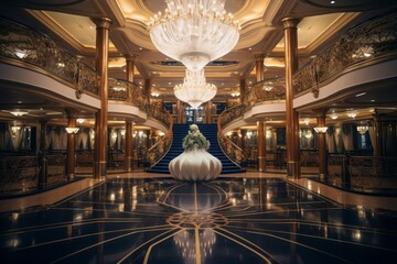 A journey through time aboard a meticulously restored vintage cruise liner. The grandeur of the ship's ballroom adorned with crystal chandeliers. The essence of nautical elegance. - obrazy, fototapety, plakaty