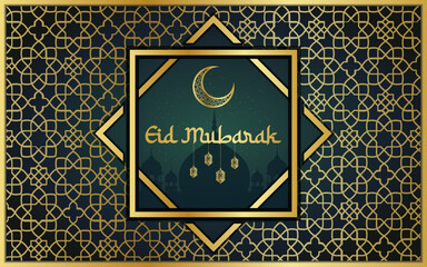 Realistic Eid Mubarak Background with Golden Lantern, Moon, and Mosque Vector Illustration. Eid Greeting Banner or Poster Vector Template Design. Arabic Islamic calligraphy ornamental design