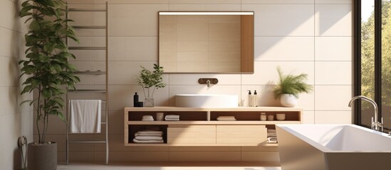Fototapeta premium A modern bathroom featuring a tub, sink, mirror, and a rack, all set against tiled walls and under a bright window in a contemporary home.