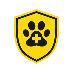 Pet first aid icon. Paw print of a dog or cat and a shield. Medical cross symbol. Illustration