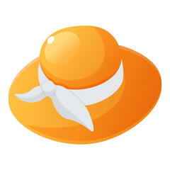 Women's straw hat with wide brim and ribbon. Headdress for gardener, farmer, fashionable hat for girls. Summer hat for the sea, fashion, agricultural clothing. Clipart of a hat on a white background.