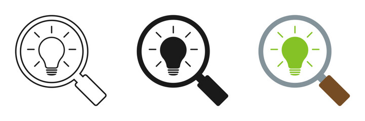 Set of light bulb icons with magnifying glass. Illustration