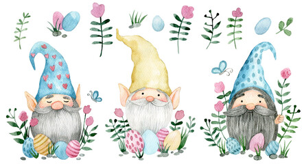 set with cute gnomes with Easter eggs and flowers. watercolor drawing on the theme of Easter.