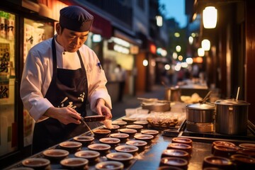 In a Japanese city, a real culinary show is unfolding on the streets. Stalls with ramen, sushi and traditional Japanese street treats create a harmonious ensemble of tastes and aromas.