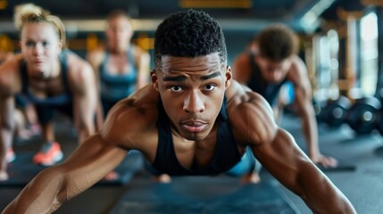 Fit young people doing pushups in a gym looking focused - obrazy, fototapety, plakaty