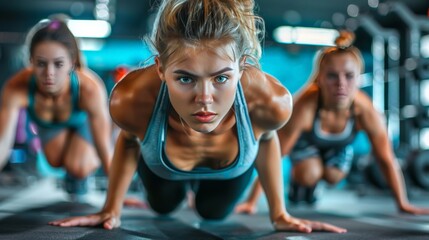 Fit young people doing pushups in a gym looking focused - obrazy, fototapety, plakaty