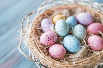 Naklejka na ściany i meble Basket of Pastel Easter Eggs on a White Wooden Table 