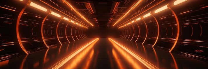 Takeoff site tunnel for spaceships with laser glowing. Realistic 3d empty room corridor with bulkheads and fantastic spaceship design with reflection