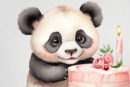 Watercolor illustration of Cute cartoon panda with cake on grey background. Concept for birthday cards, posters, stickers. AI generated
