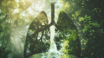 human lung in a silhouette double exposure. in the background is green forest and tree. stylish in the style of double exposure, Breathing in clean, fresh air concept - obrazy, fototapety, plakaty