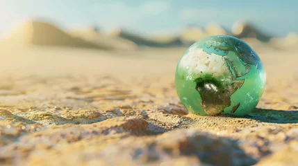 Foto op Plexiglas Global warming is causing a rise in average temperatures around the world, leading to more frequent and intense heatwaves, globe on the sand in the desert © Slowlifetrader