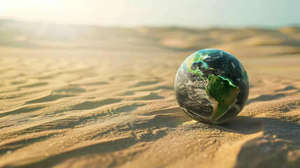 Global warming is causing a rise in average temperatures around the world, leading to more frequent and intense heatwaves, globe on the sand in the desert - obrazy, fototapety, plakaty