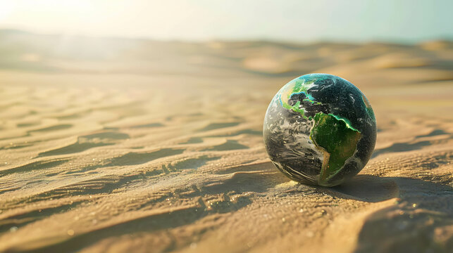 Global warming is causing a rise in average temperatures around the world, leading to more frequent and intense heatwaves, globe on the sand in the desert