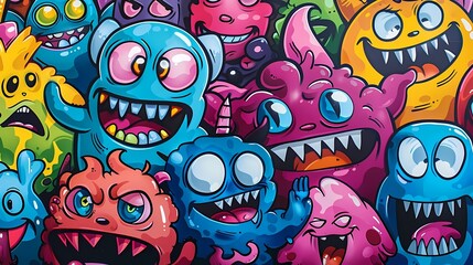 Obraz premium Seamless pattern with funny monsters, Generative AI illustrations.
