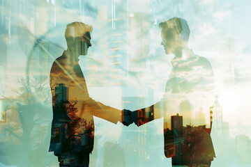two businessmen shaking hands in front of a city
