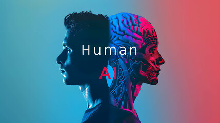 Two part of human and robot, robots that replace and help human work in business, investment, finance and industry, AI technology that has become a part of human life - obrazy, fototapety, plakaty