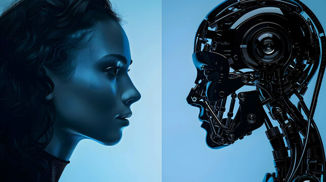 Two part of human and robot, robots that replace and help human work in business, investment, finance and industry, AI technology that has become a part of human life