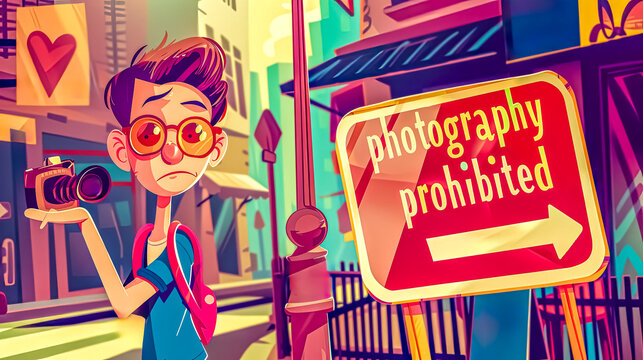 Cartoon photographer surprised by no photography sign