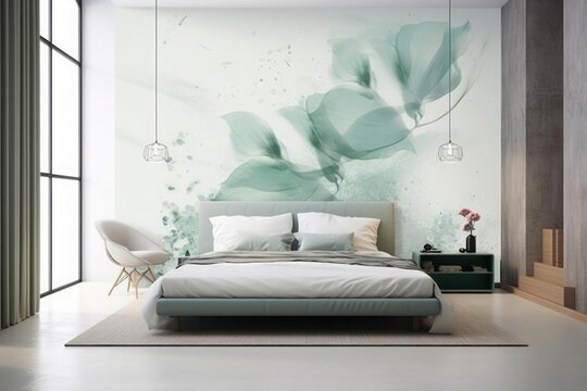 A bedroom in the tranquility of nature by adorning one wall with a modern wallpaper depicting abstract botanical elements. A refreshing and calming atmosphere.