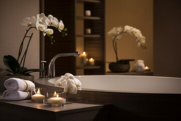 The ambiance of a tranquil spa oasis. A softly lit space with neutral tones, plush towels, and subtle gold accents. The calmness and sophistication of the spa environment. Quiet luxury concept.